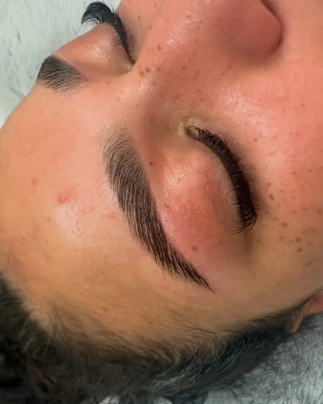 Close view of a laminated brow with a clean waxed shape
