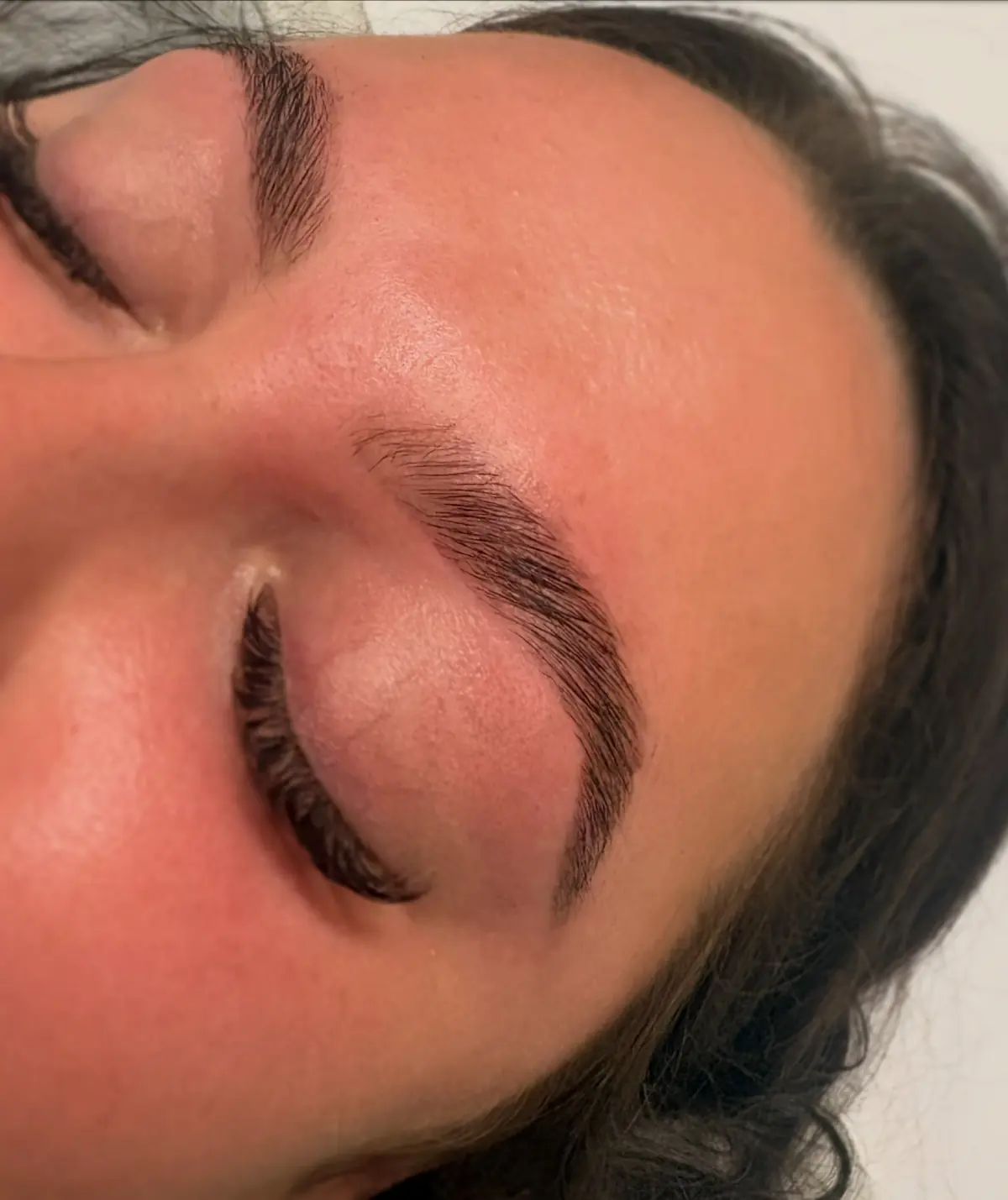 Close view of a client’s full, brushed-up brow after lamination